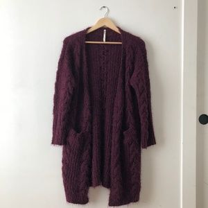 Long Cranberry Cable-Knit Cardigan